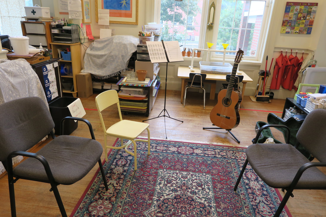 Guitar lesson room at Providence Guitar Academy. Facing window from doorway. 